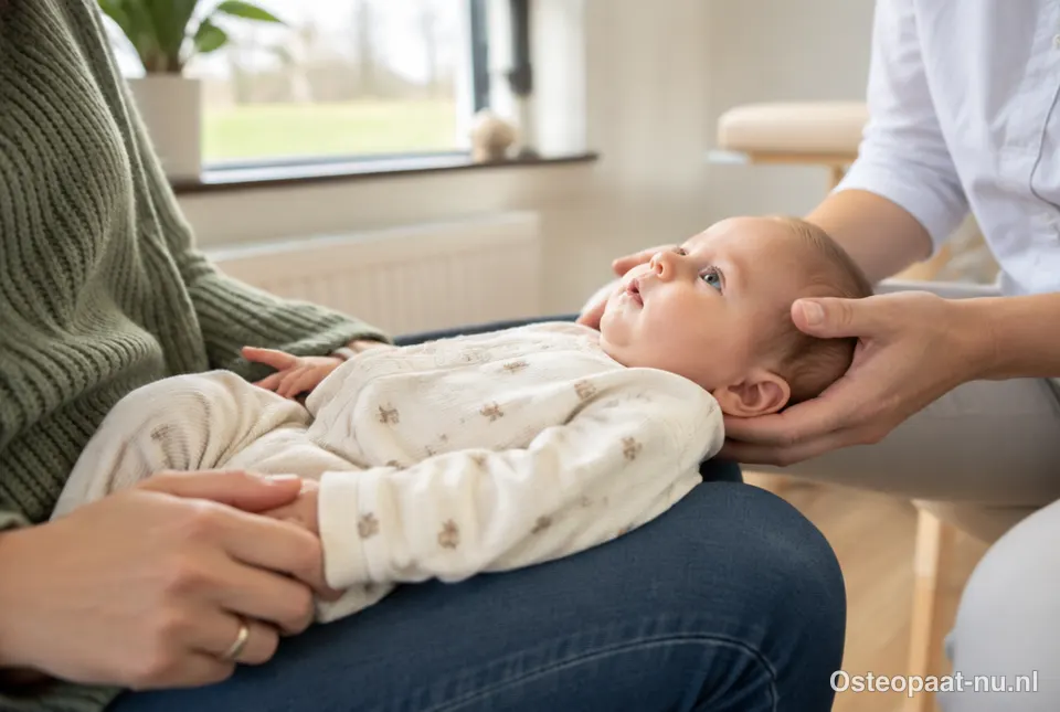 Osteopaat behandelt voorzichtig een baby die op de schoot van de moeder ligt