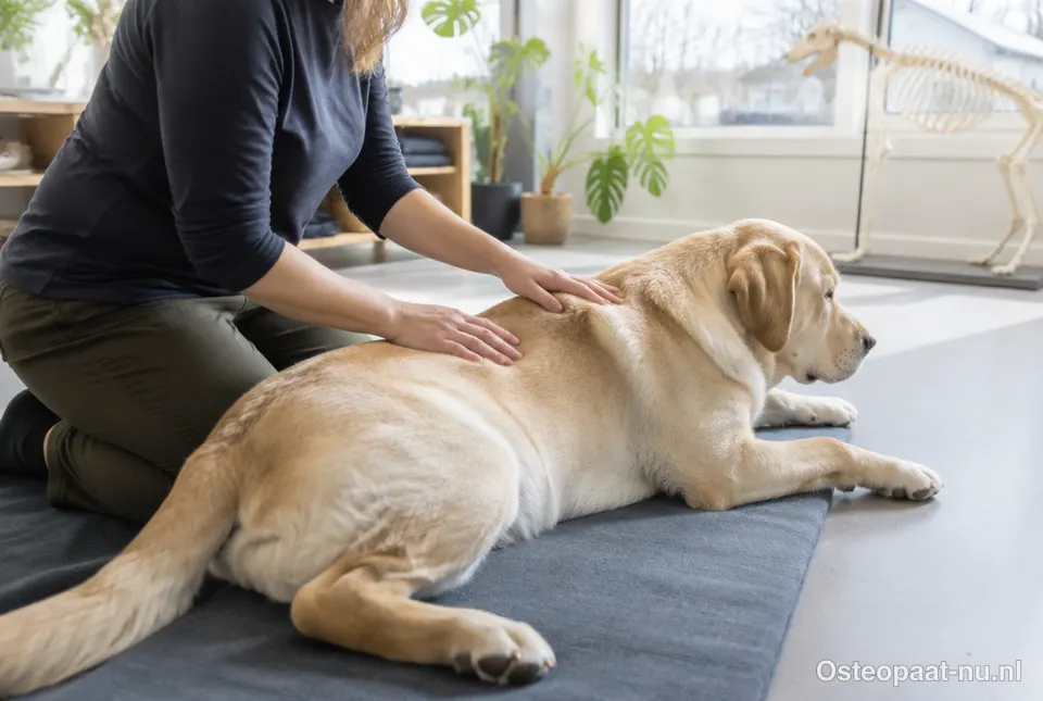 Dierenosteopaat behandelt de rug van een labrador op een mat