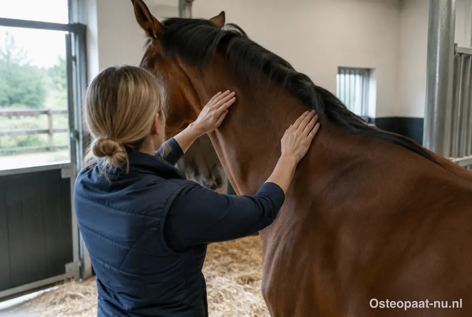 Paardenosteopaat behandelt de hals van een paard in de stal